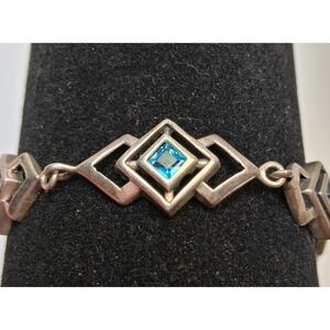 Art Deco Style Sterling Silver 925 Bracelet, Square Blue Stone, Signed [M] 7.5"